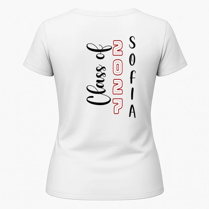 Custom Senior Name & Year – Retro Varsity Number & Script Typography Design Women's T-Shirt - Back 1