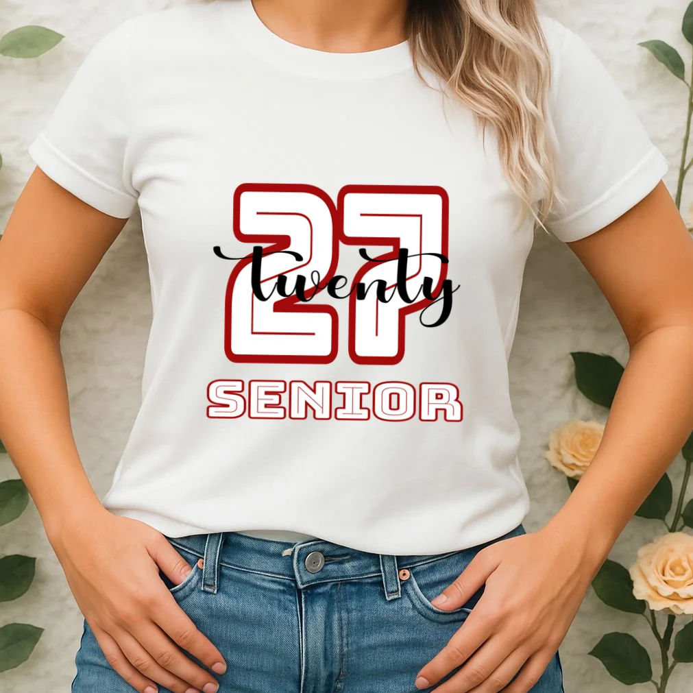 Custom Senior Name & Year – Retro Varsity Number & Script Typography Design Women's T-Shirt - Front 1