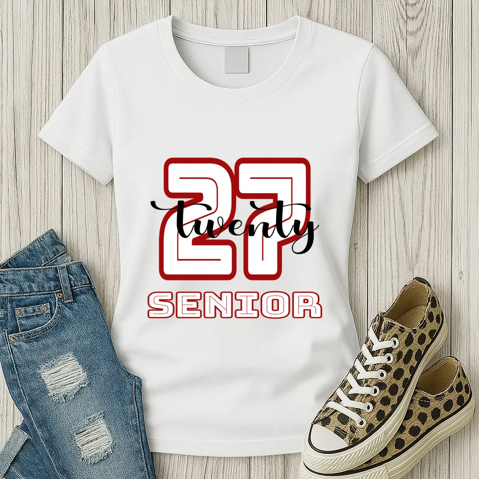 Custom Senior Name & Year – Retro Varsity Number & Script Typography Design Women's T-Shirt - Front 2