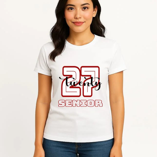 Custom Senior Name & Year – Retro Varsity Number & Script Typography Design Women's T-Shirt - Front 3