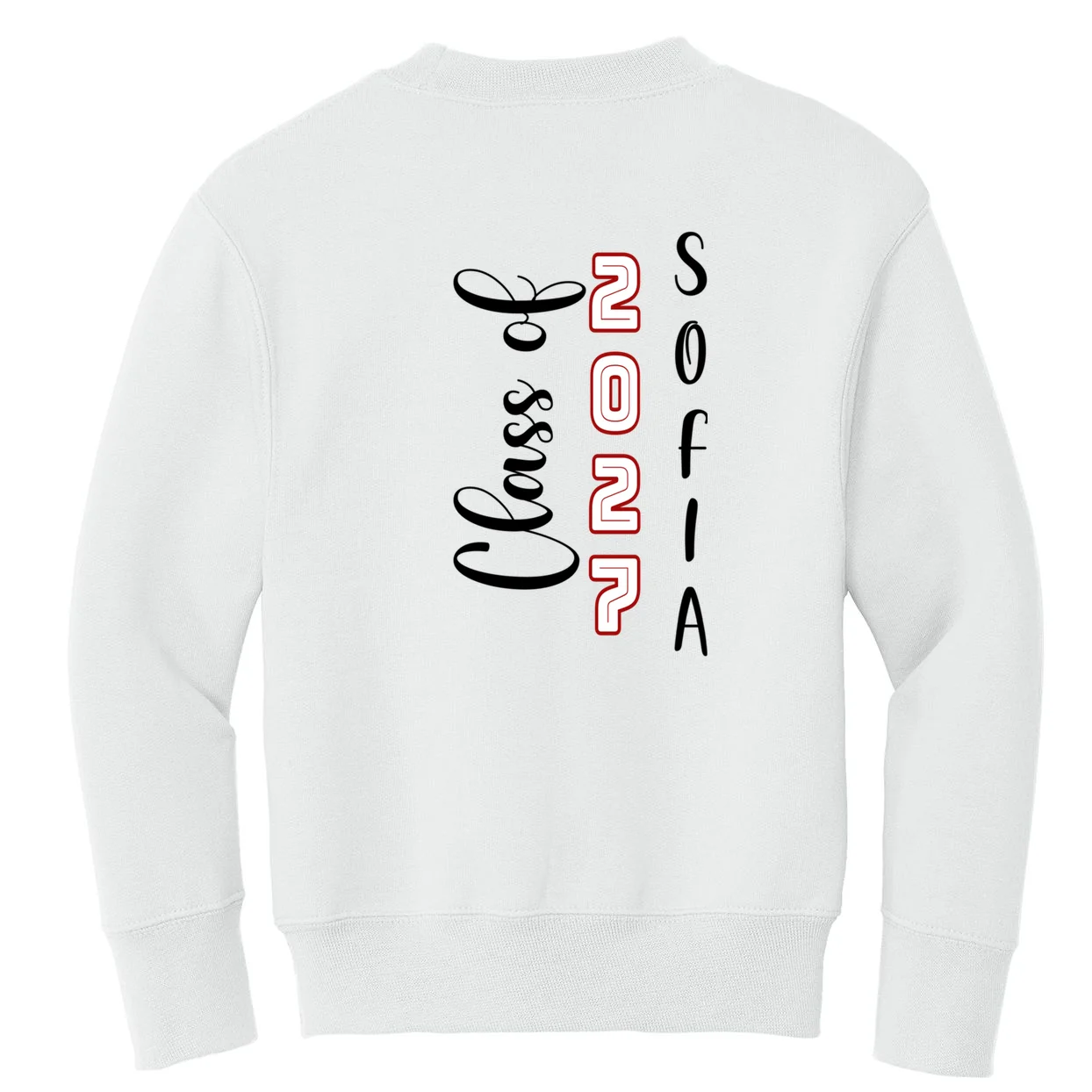 Custom Senior Name & Year – Retro Varsity Number & Script Typography Design Kids Sweatshirt - Back - Close-up