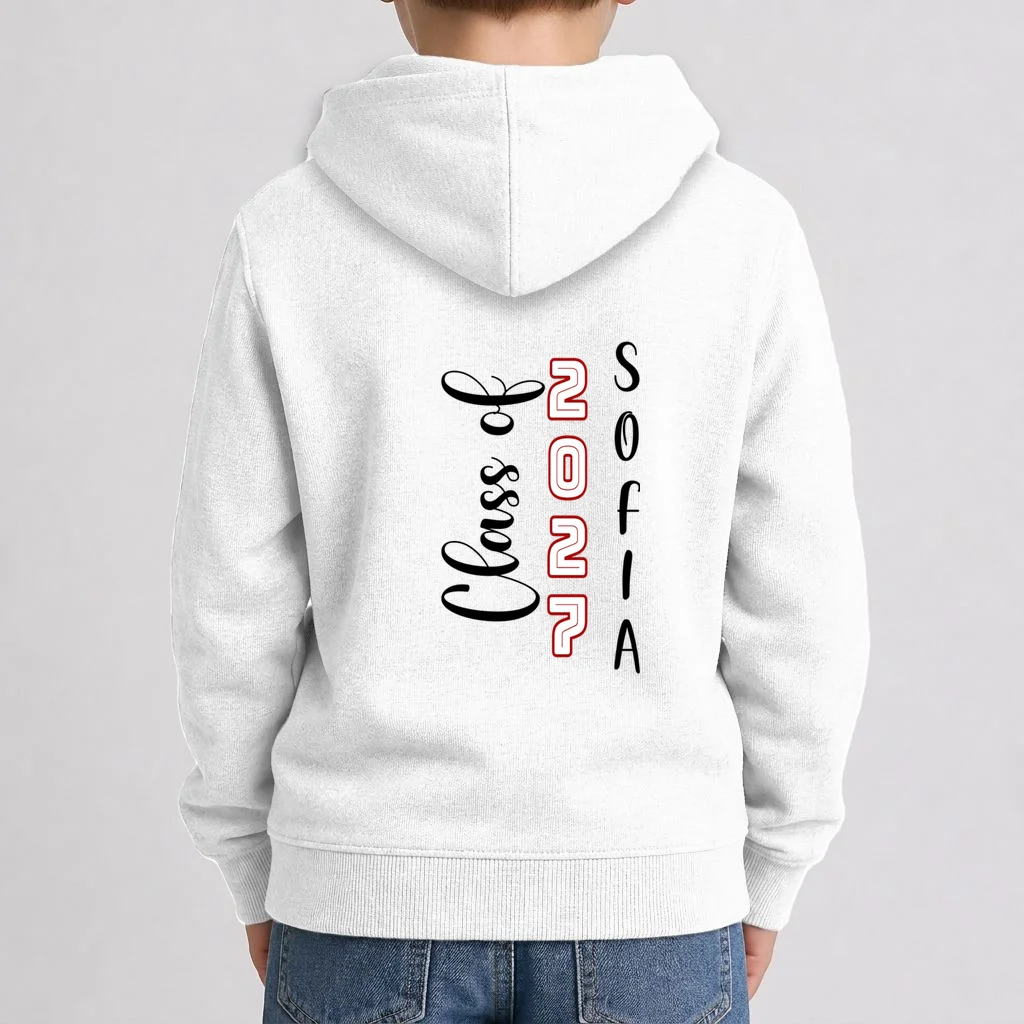 Custom Senior Name & Year – Retro Varsity Number & Script Typography Design Kids Hoodie - Back 1
