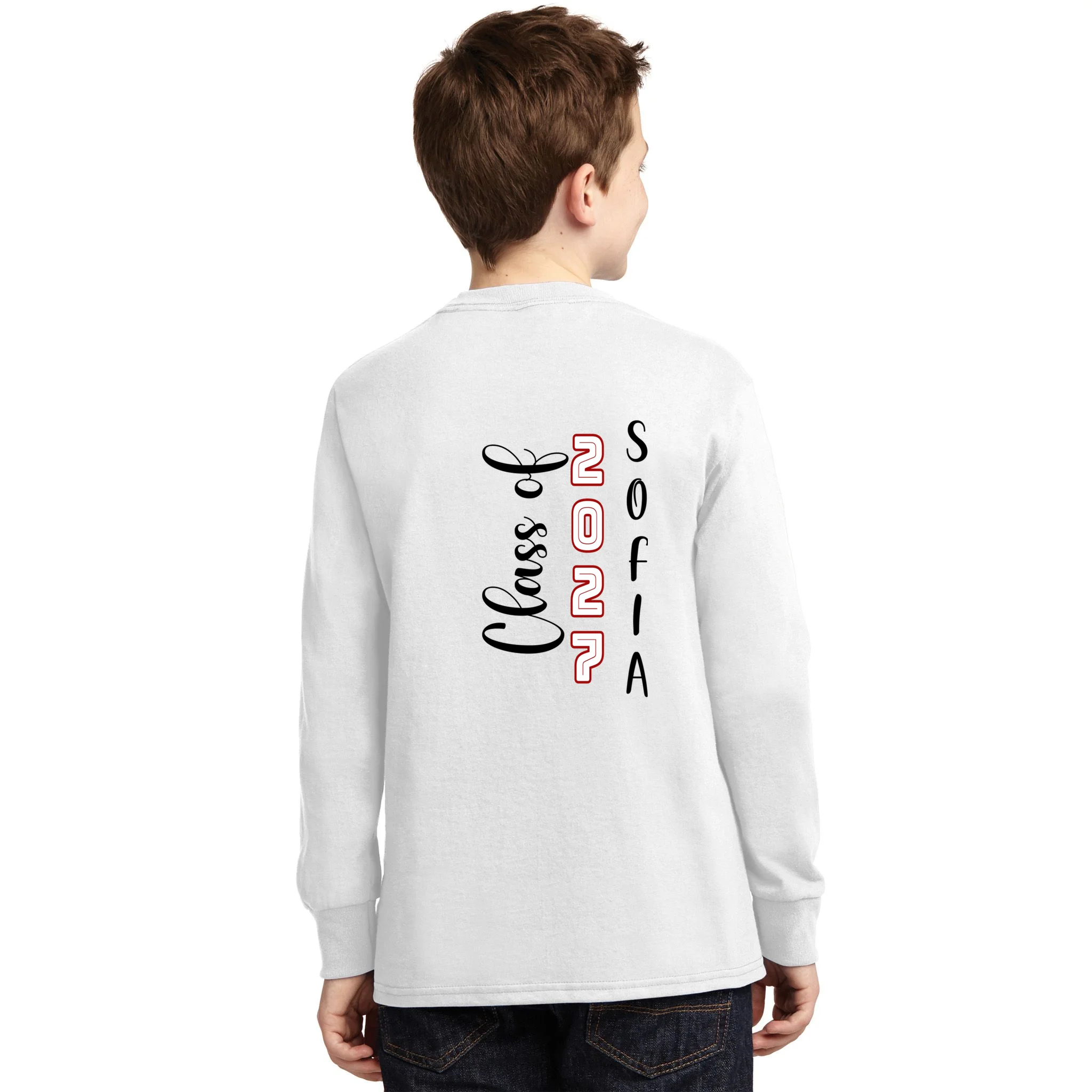 Custom Senior Name & Year – Retro Varsity Number & Script Typography Design Kids Long Sleeve Shirt - Back - Close-up