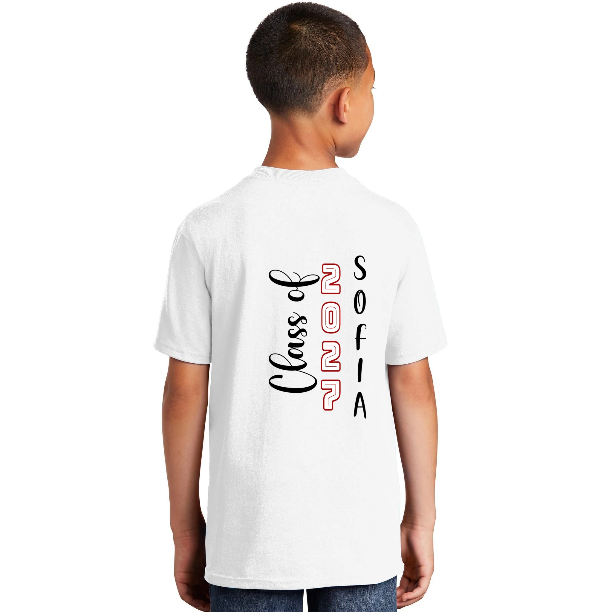 Custom Senior Name & Year – Retro Varsity Number & Script Typography Design Kids T-Shirt - Back