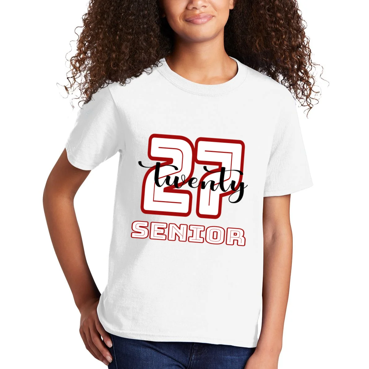 Custom Senior Name & Year – Retro Varsity Number & Script Typography Design Kids T-Shirt - Front 1