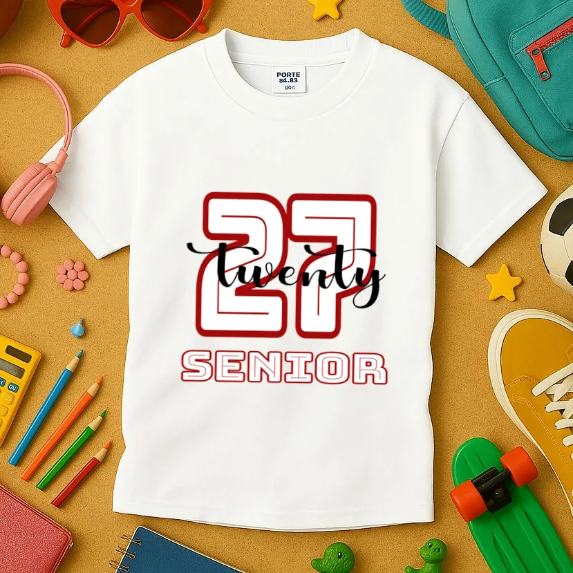 Custom Senior Name & Year – Retro Varsity Number & Script Typography Design Kids T-Shirt - Front 2