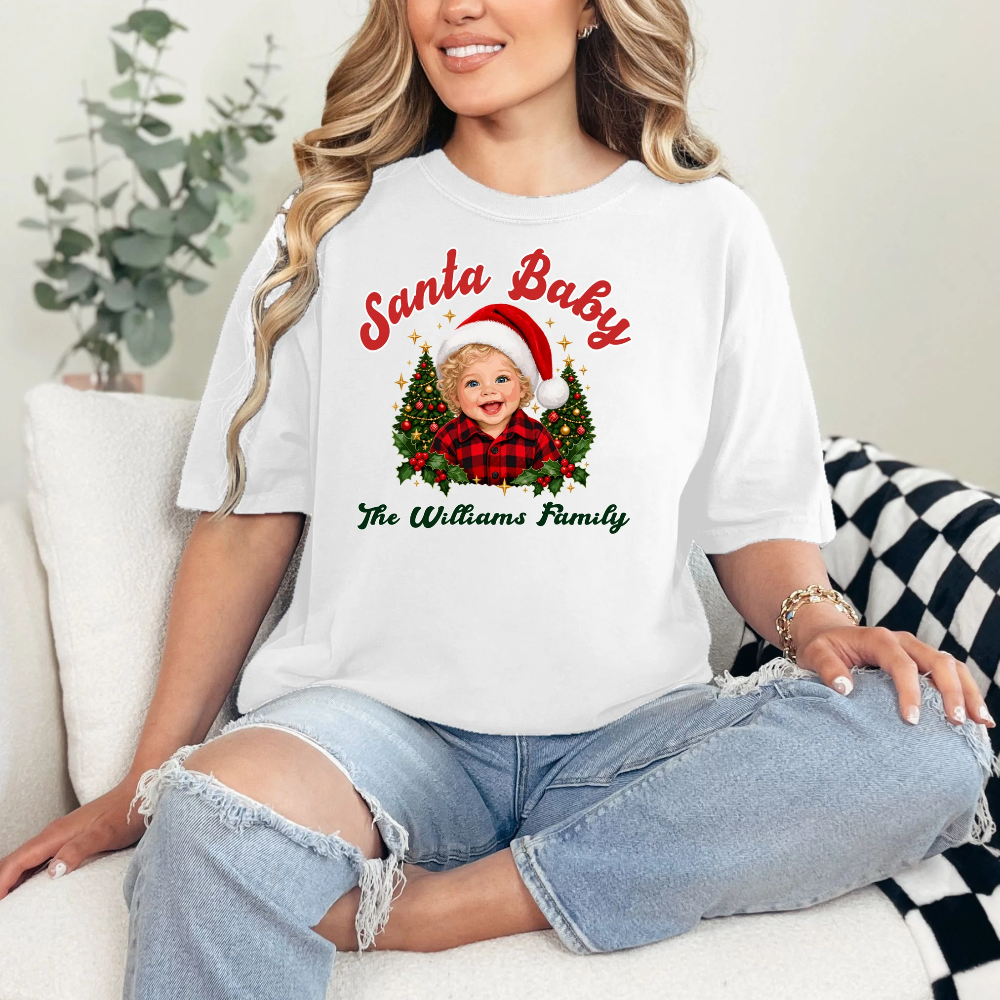 Santa Baby Christmas Shirt – Personalized Baby Holiday Design Comfort Colors Unisex T-Shirt - Front 1