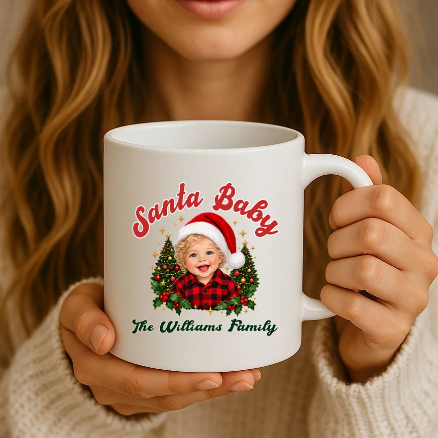 Santa Baby Christmas Shirt – Personalized Baby Holiday Design Mug - Front 2