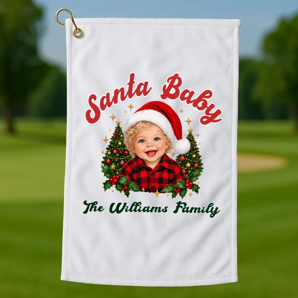 Santa Baby Christmas Shirt – Personalized Baby Holiday Design Golf Towel - Front 1