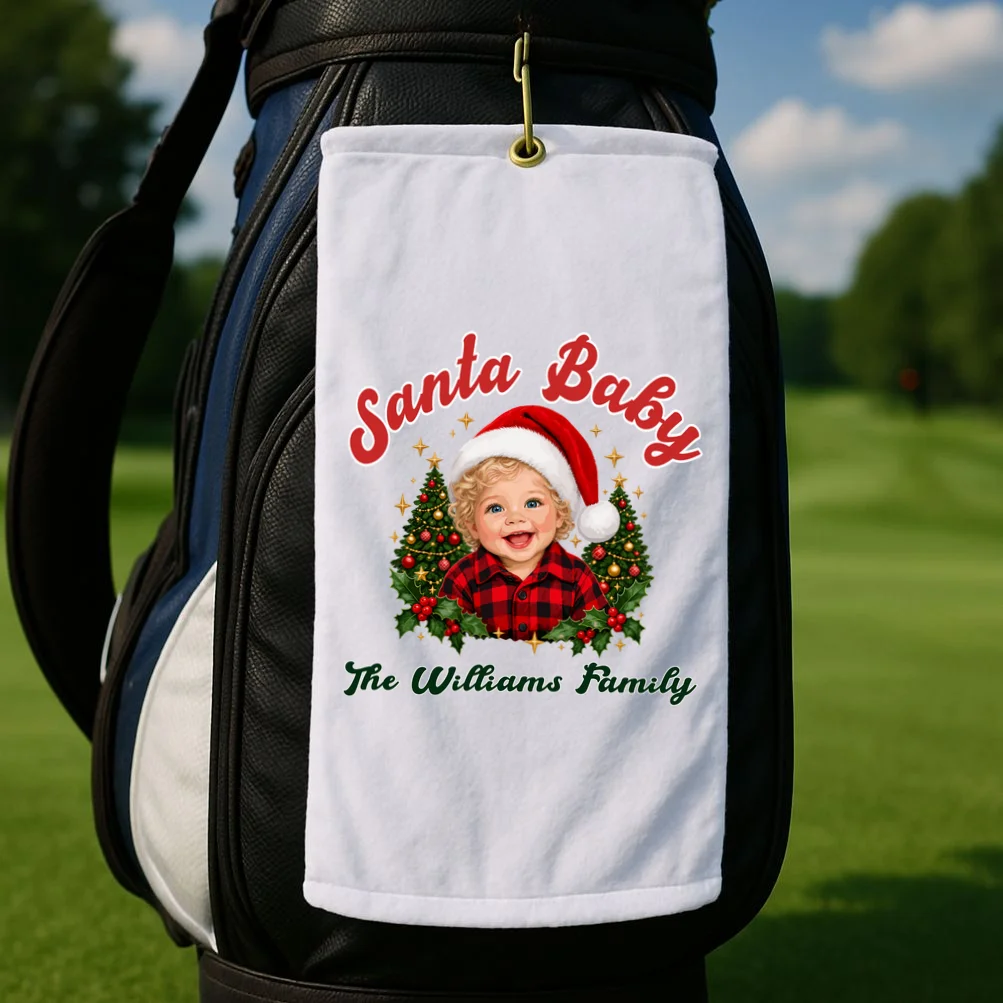 Santa Baby Christmas Shirt – Personalized Baby Holiday Design Golf Towel - Front 2