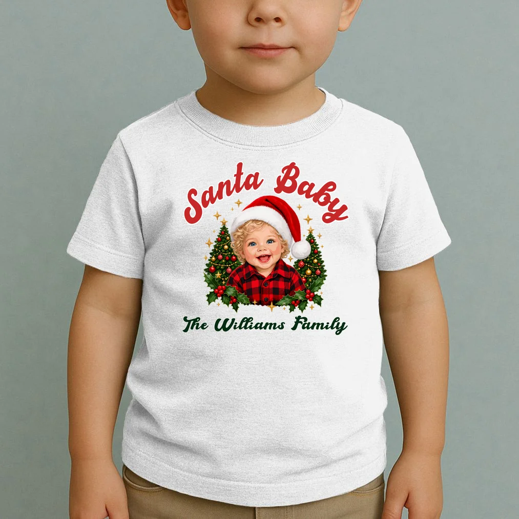 Santa Baby Christmas Shirt – Personalized Baby Holiday Design Toddler T-Shirt - Front 1