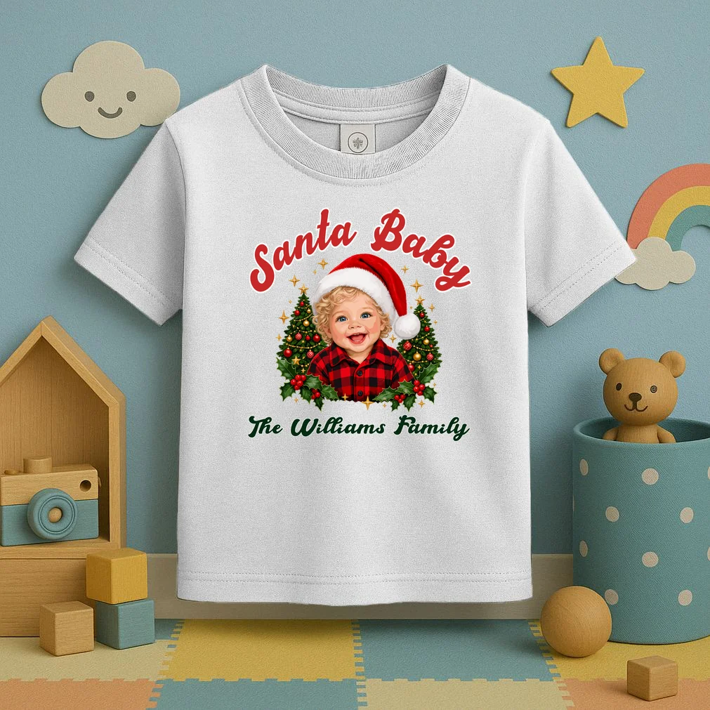 Santa Baby Christmas Shirt – Personalized Baby Holiday Design Toddler T-Shirt - Front 2