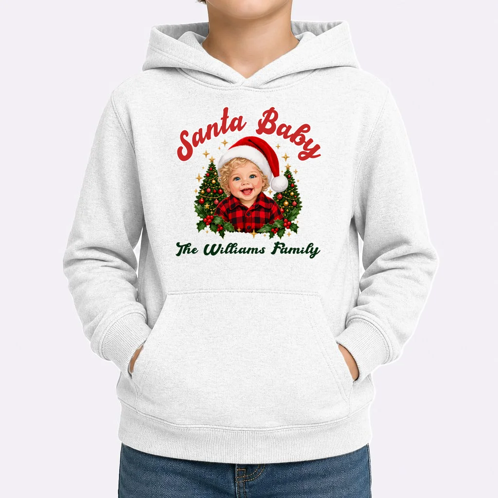 Santa Baby Christmas Shirt – Personalized Baby Holiday Design Kids Hoodie - Front 1