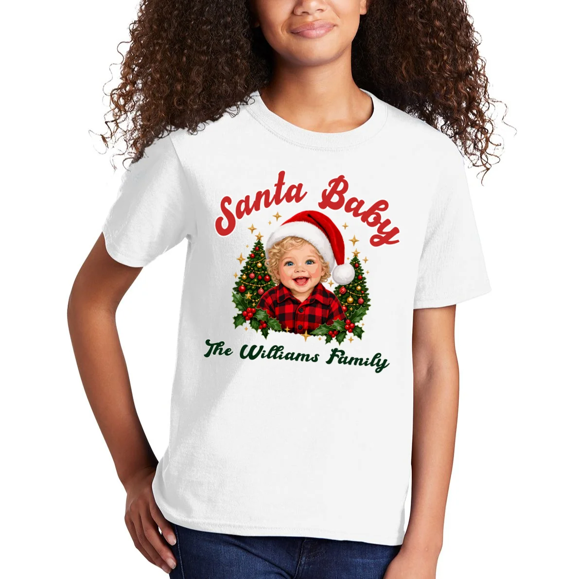 Santa Baby Christmas Shirt – Personalized Baby Holiday Design Kids T-Shirt - Front 1