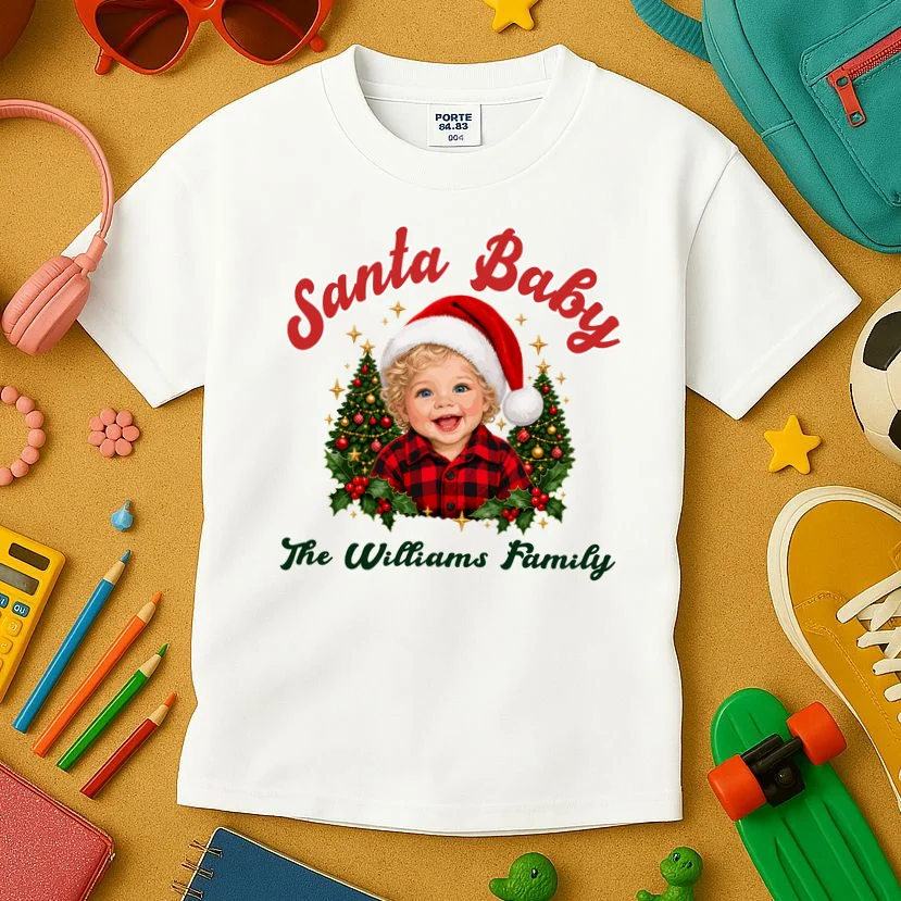 Santa Baby Christmas Shirt – Personalized Baby Holiday Design Kids T-Shirt - Front 2