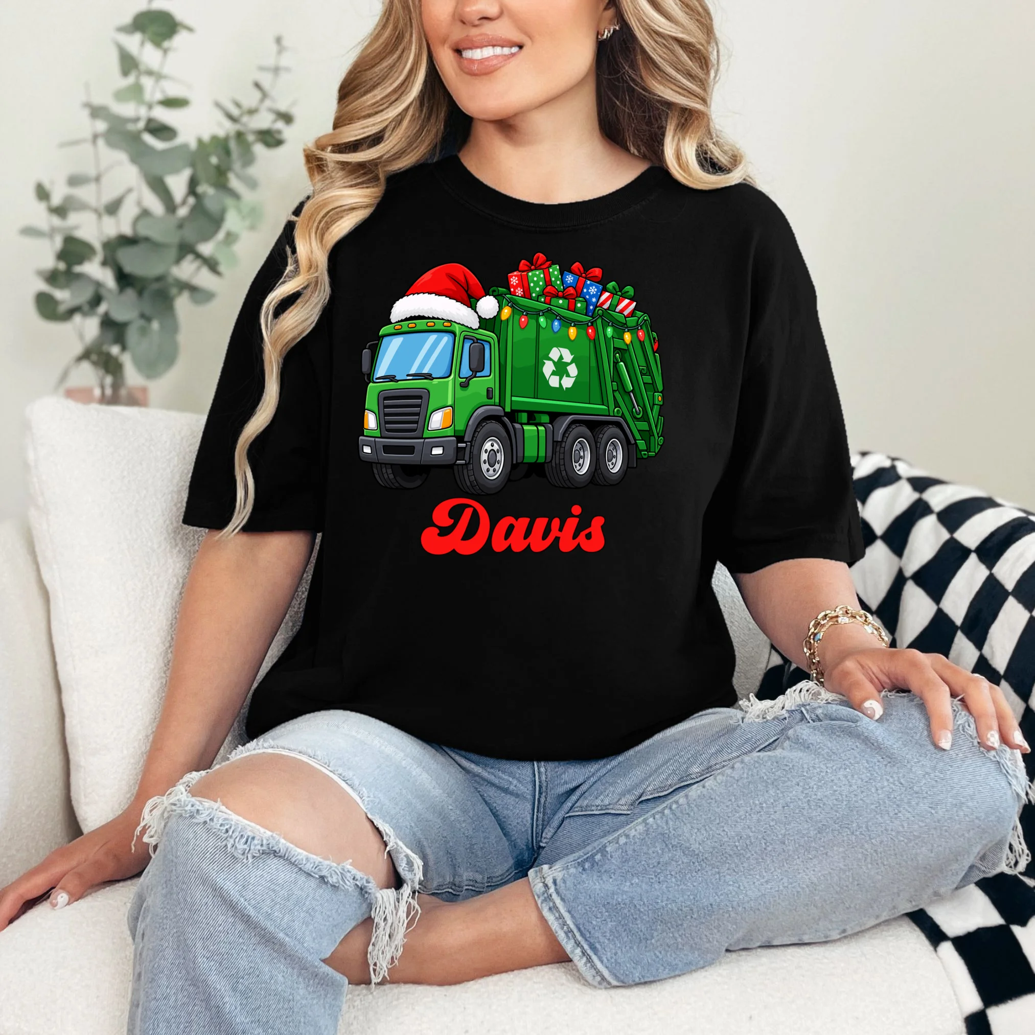 Personalized Santa’s Christmas Gift Truck | Custom Name Festive Garbage Collection & Holiday Design Comfort Colors Unisex T-Shirt - Front 1