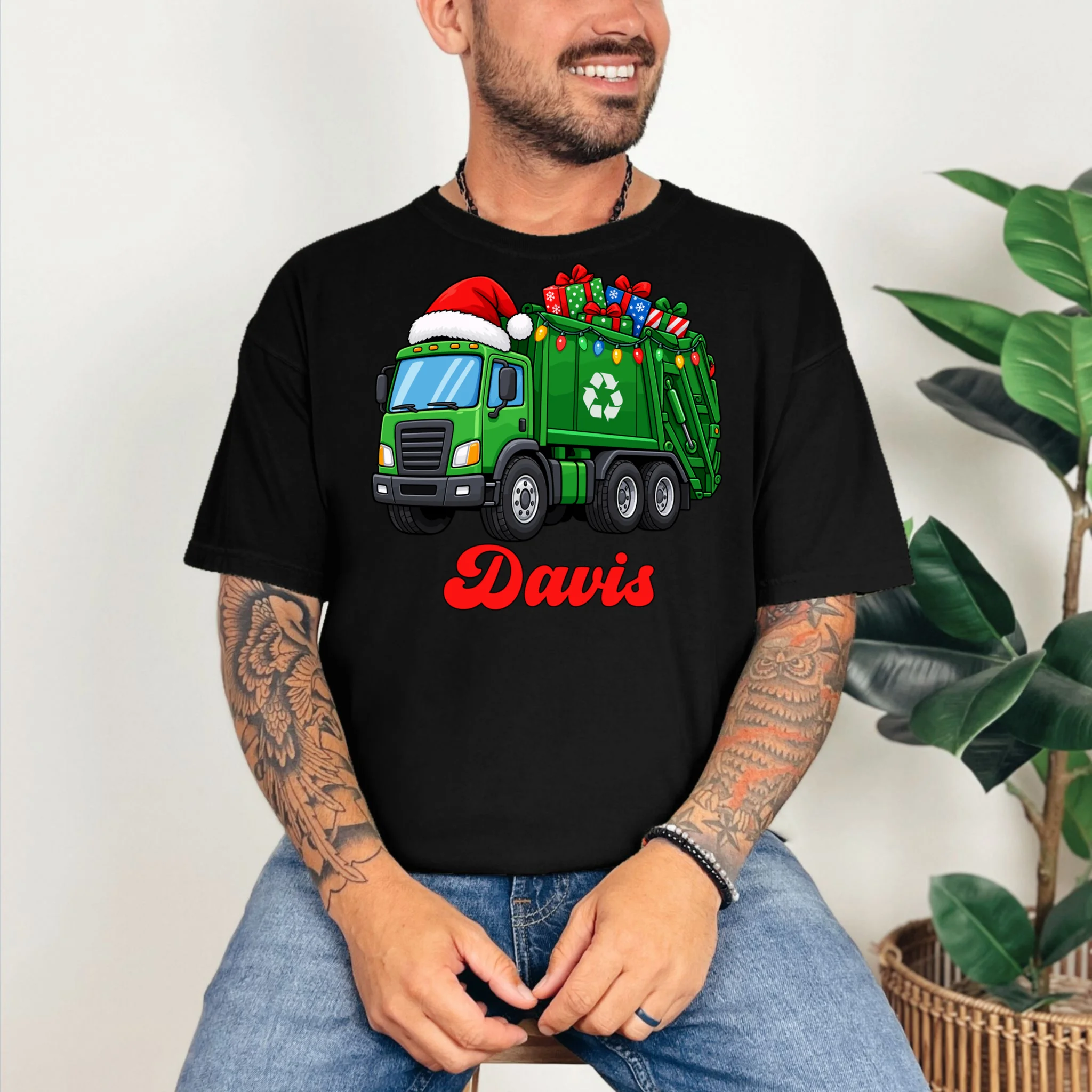 Personalized Santa’s Christmas Gift Truck | Custom Name Festive Garbage Collection & Holiday Design Comfort Colors Unisex T-Shirt - Front 2