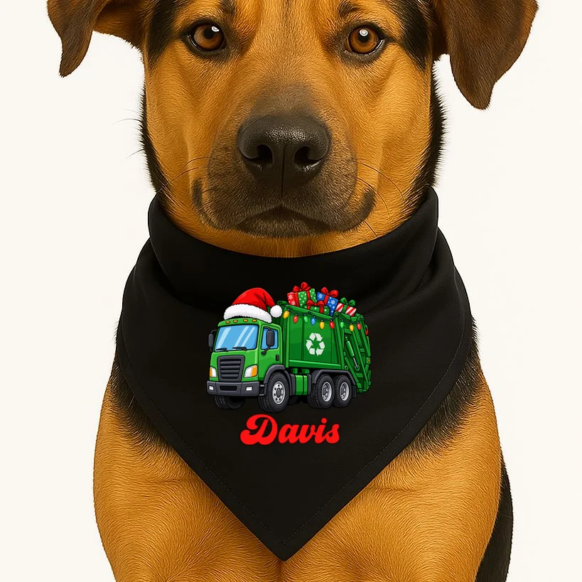 Personalized Santa’s Christmas Gift Truck | Custom Name Festive Garbage Collection & Holiday Design Dog Bandana - Front 1