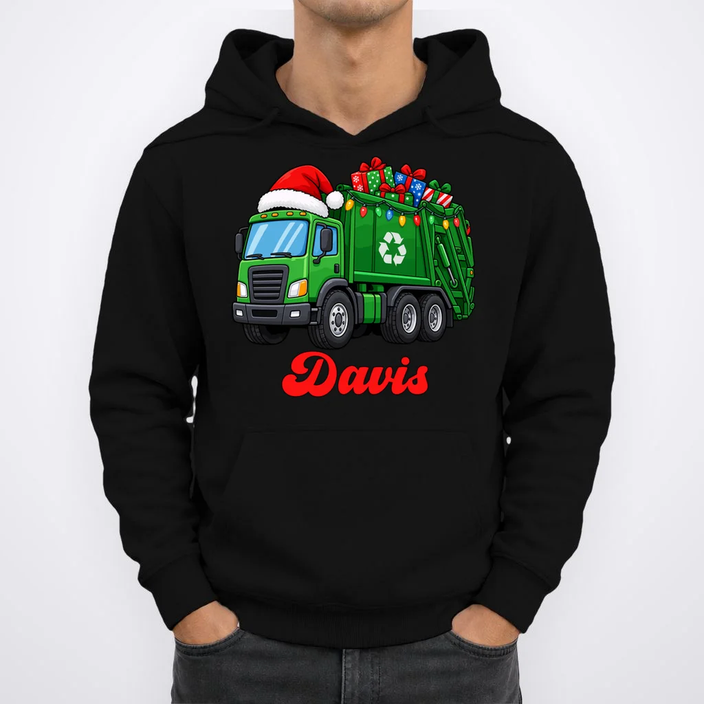 Personalized Santa’s Christmas Gift Truck | Custom Name Festive Garbage Collection & Holiday Design Men's Hoodie - Front 1