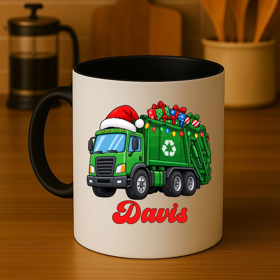 Personalized Santa’s Christmas Gift Truck | Custom Name Festive Garbage Collection & Holiday Design Mug - Front 3