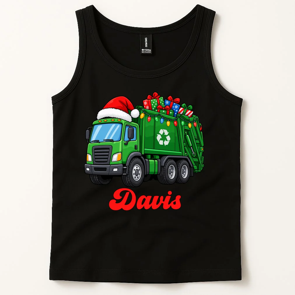 Personalized Santa’s Christmas Gift Truck | Custom Name Festive Garbage Collection & Holiday Design Men's Tank Top - Front 1