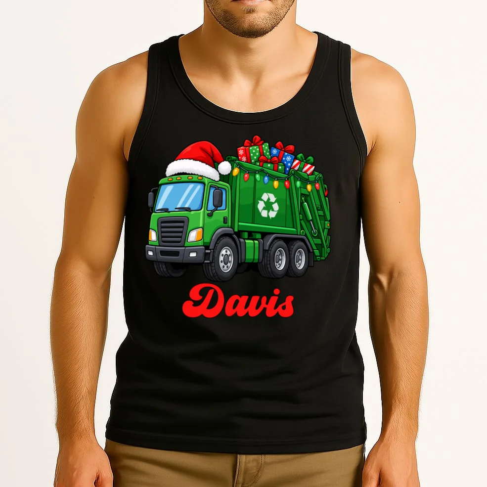 Personalized Santa’s Christmas Gift Truck | Custom Name Festive Garbage Collection & Holiday Design Men's Tank Top - Front 2