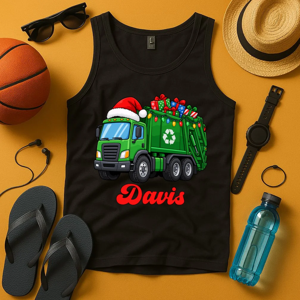 Personalized Santa’s Christmas Gift Truck | Custom Name Festive Garbage Collection & Holiday Design Men's Tank Top - Front 3