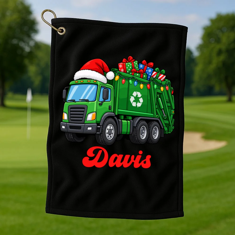 Personalized Santa’s Christmas Gift Truck | Custom Name Festive Garbage Collection & Holiday Design Golf Towel - Front 1