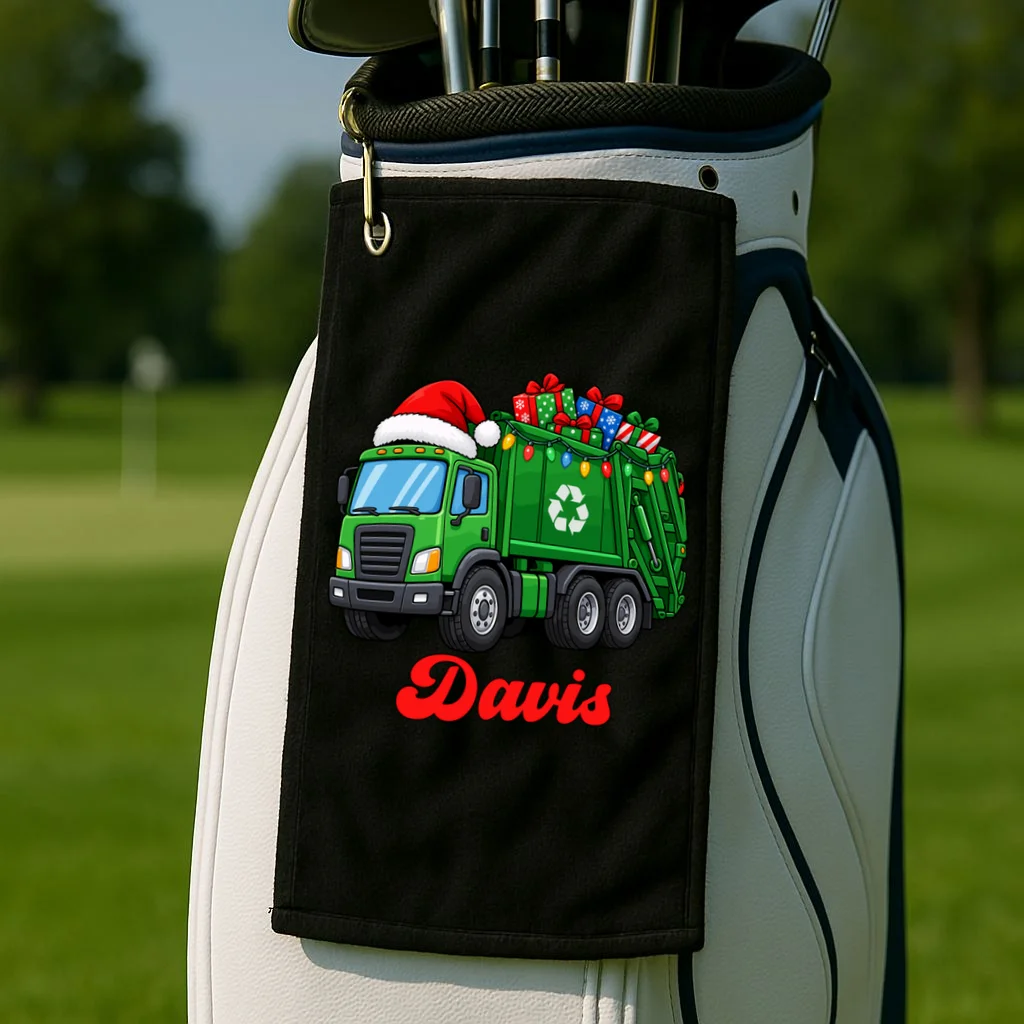 Personalized Santa’s Christmas Gift Truck | Custom Name Festive Garbage Collection & Holiday Design Golf Towel - Front 2