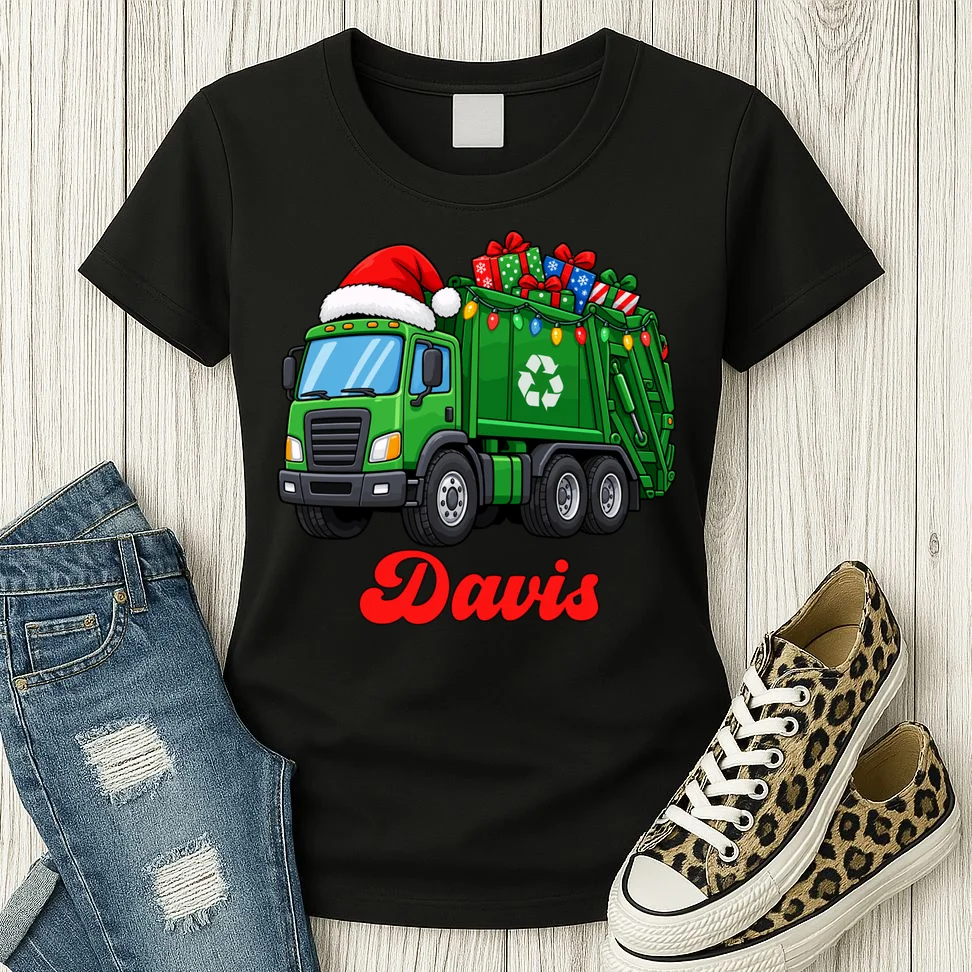 Personalized Santa’s Christmas Gift Truck | Custom Name Festive Garbage Collection & Holiday Design Women's T-Shirt - Front 2