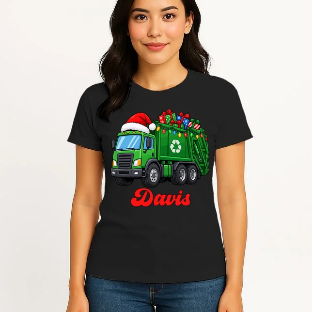 Personalized Santa’s Christmas Gift Truck | Custom Name Festive Garbage Collection & Holiday Design Women's T-Shirt - Front 3