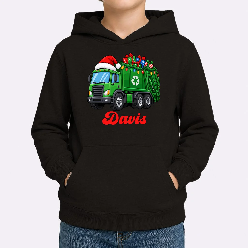 Personalized Santa’s Christmas Gift Truck | Custom Name Festive Garbage Collection & Holiday Design Kids Hoodie - Front 1