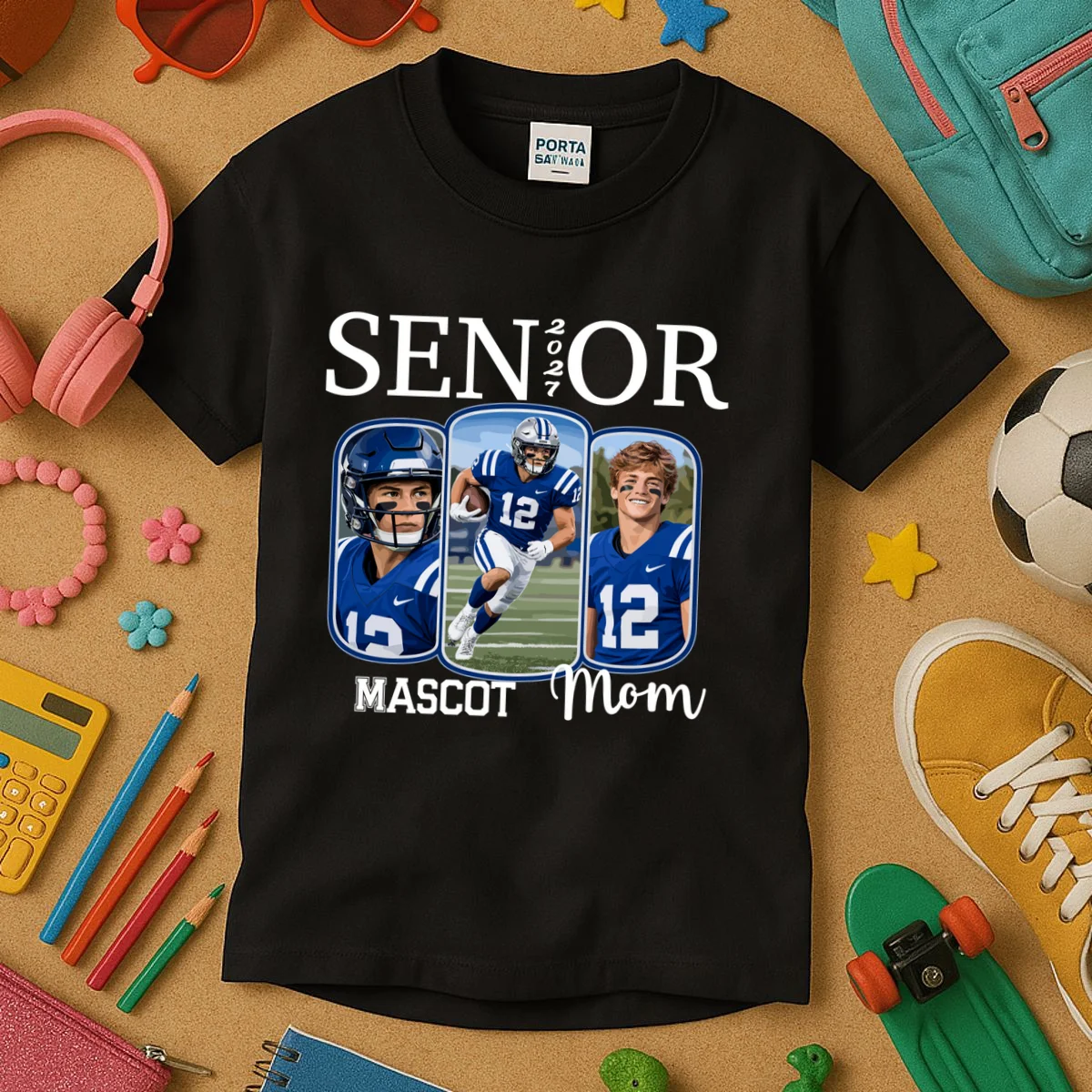 Personalized Senior Football Team Graphic - Custom Photo and Team Name Kids T-Shirt - Front 2