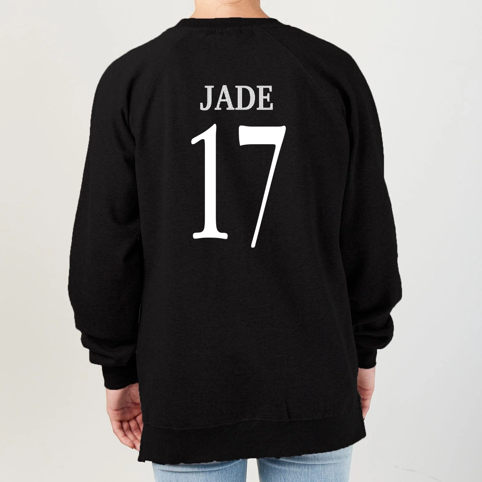 Personalized Senior Football Support Graphic – Custom Name & Number Women's Sweatshirt - Back - Close-up