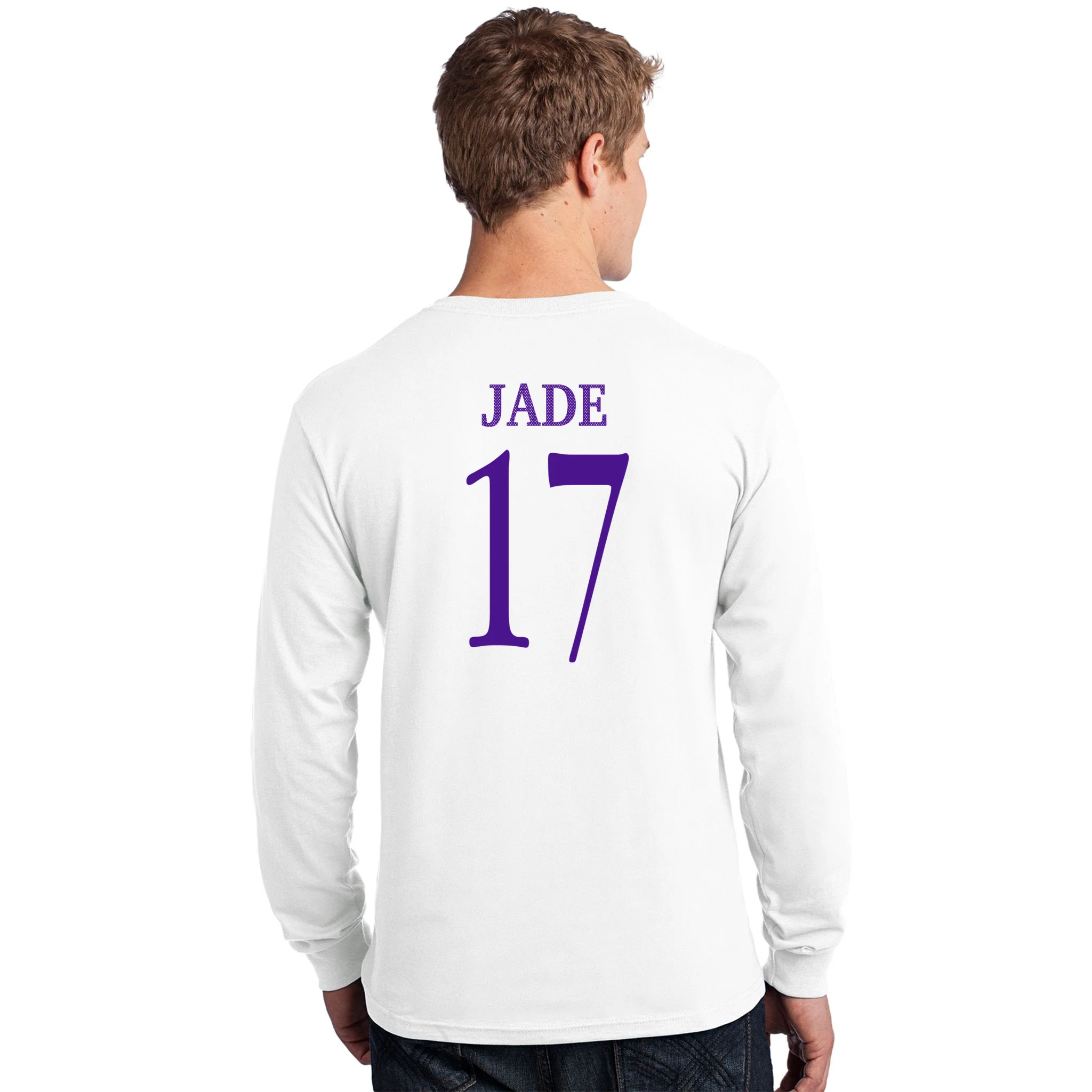 Personalized Senior Football Support Graphic – Custom Name & Number Men's Long Sleeve Shirt - Back - Close-up