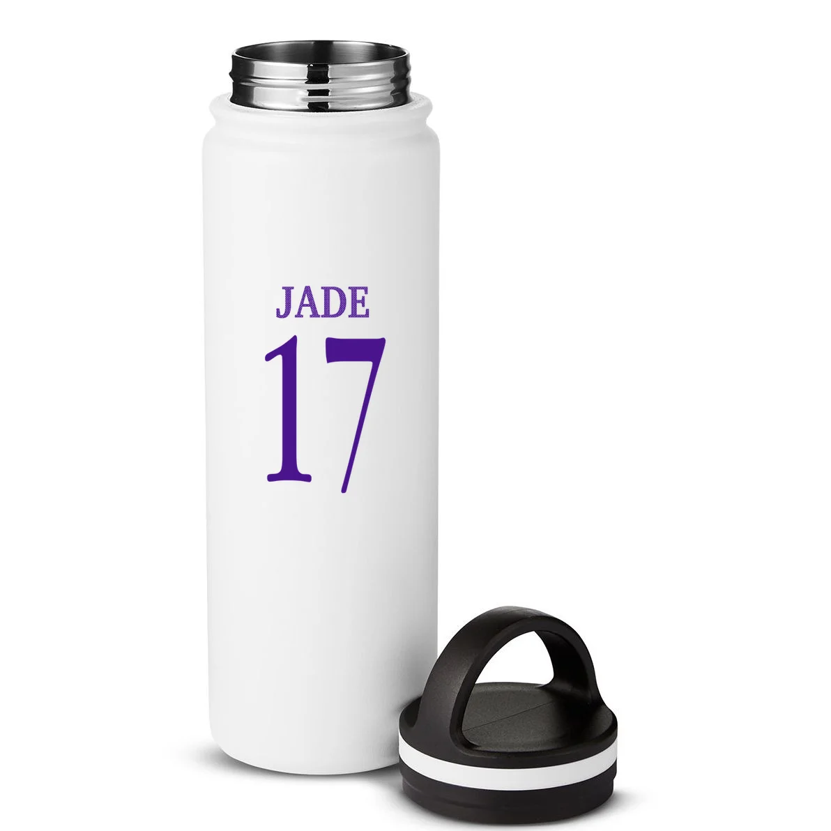 Personalized Senior Football Support Graphic – Custom Name & Number 24oz Water Bottle - Back - Close-up