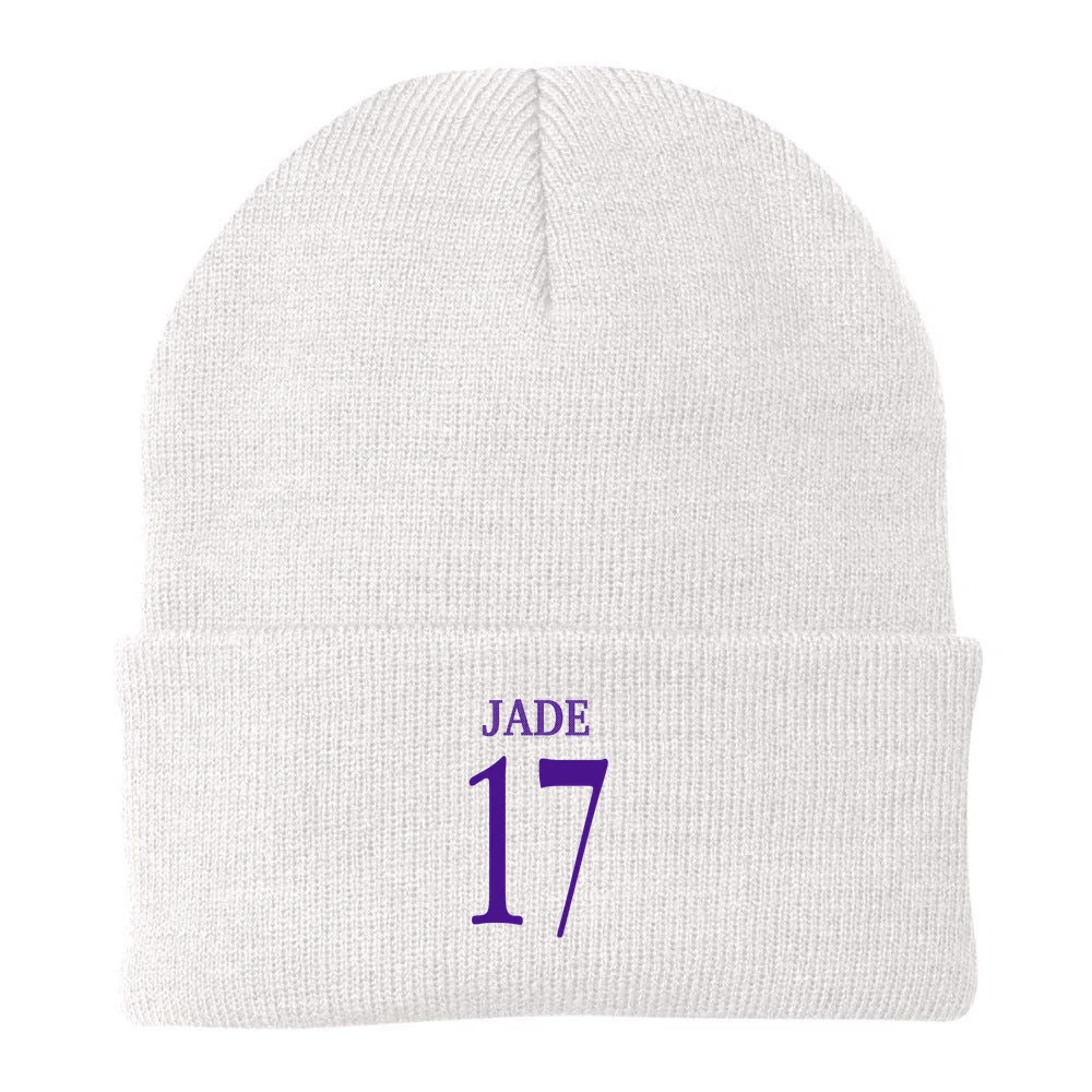 Personalized Senior Football Support Graphic – Custom Name & Number Beanie - Back - Close-up