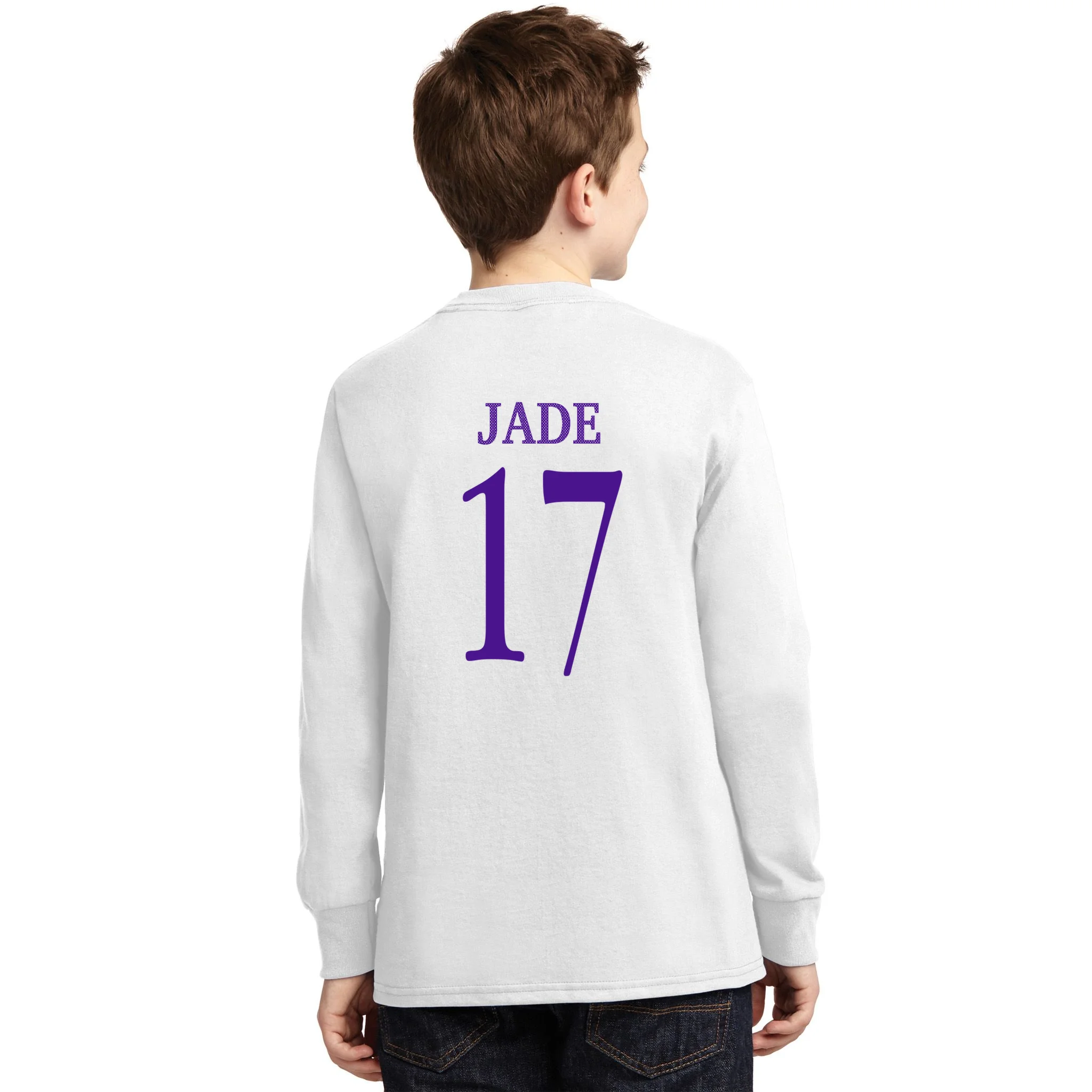 Personalized Senior Football Support Graphic – Custom Name & Number Kids Long Sleeve Shirt - Back - Close-up