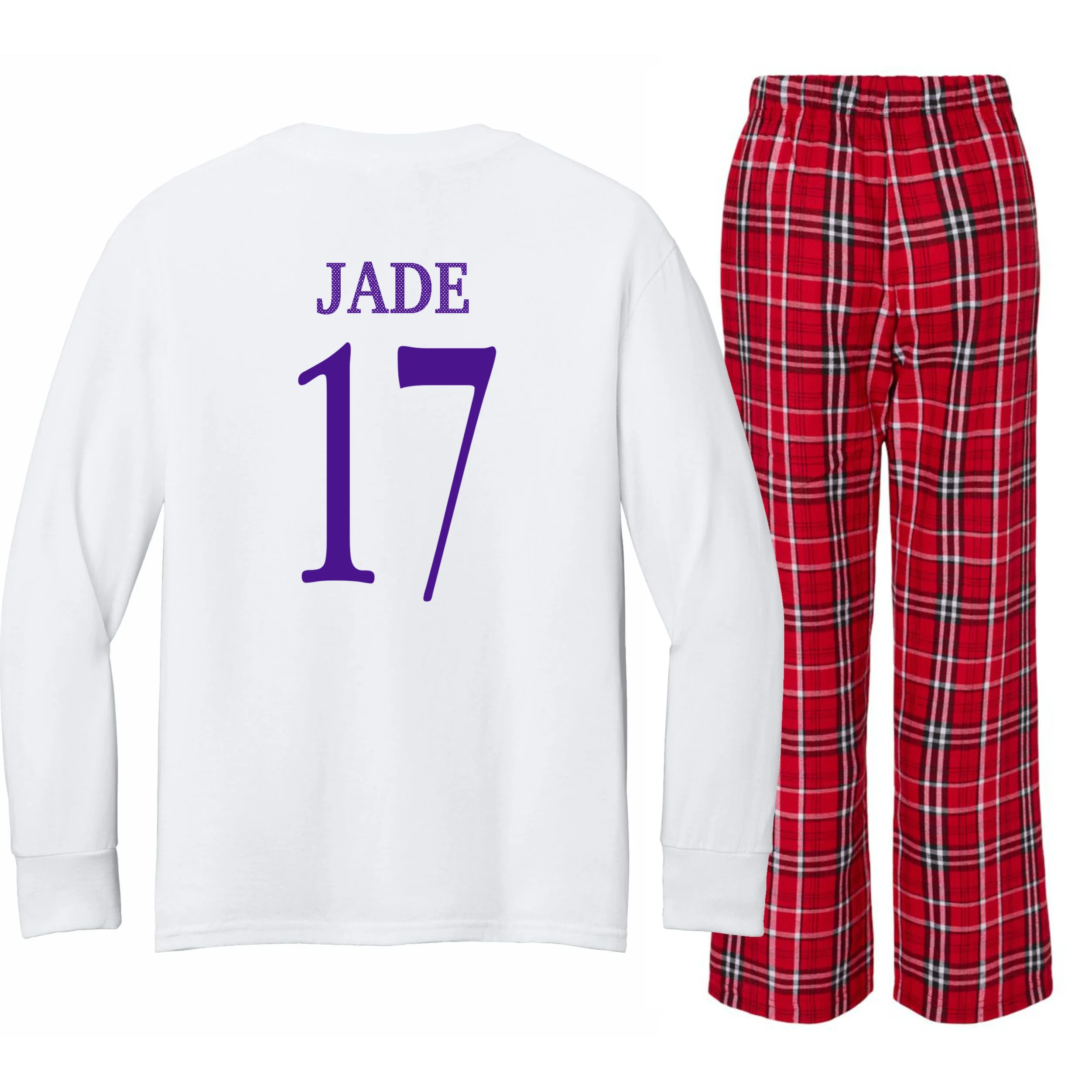 Personalized Senior Football Support Graphic – Custom Name & Number Kids Long Sleeve Pajamas - Back - Close-up