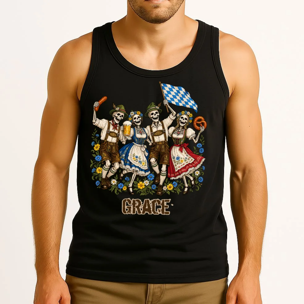 Spooky Skeletons Custom Name – Personalized Halloween German Beer Festival Shirt Design Men's Tank Top - Front 2