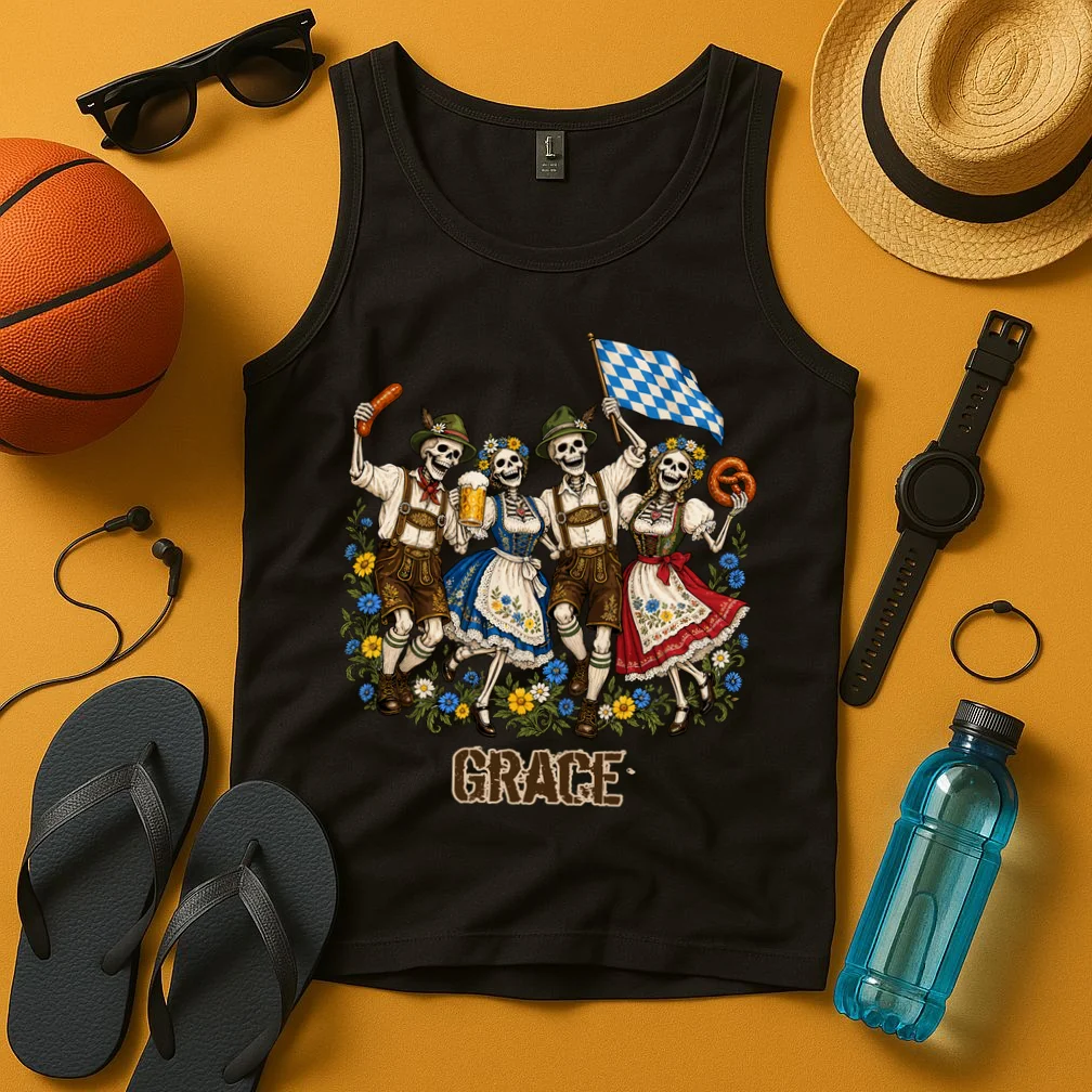 Spooky Skeletons Custom Name – Personalized Halloween German Beer Festival Shirt Design Men's Tank Top - Front 3