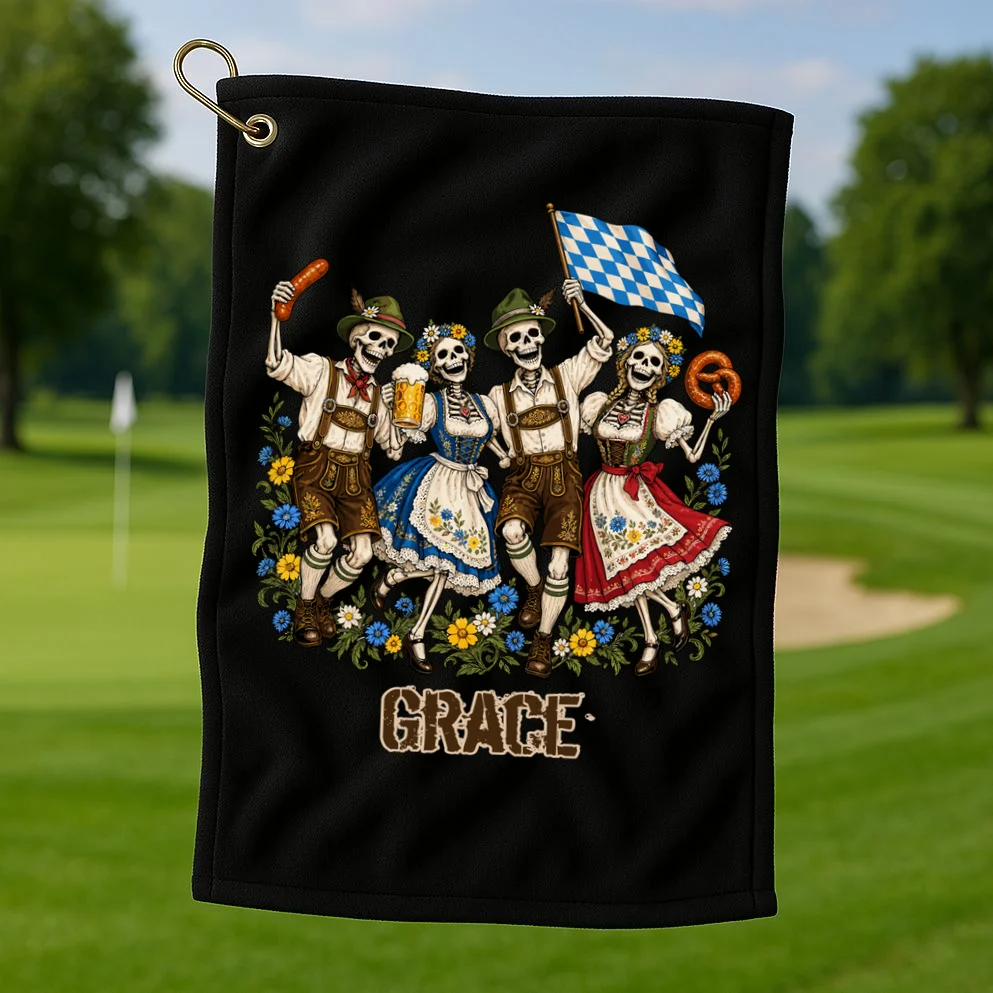 Spooky Skeletons Custom Name – Personalized Halloween German Beer Festival Shirt Design Golf Towel - Front 1