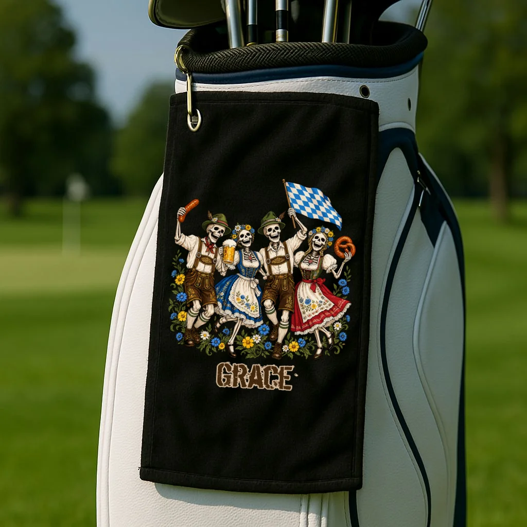 Spooky Skeletons Custom Name – Personalized Halloween German Beer Festival Shirt Design Golf Towel - Front 2