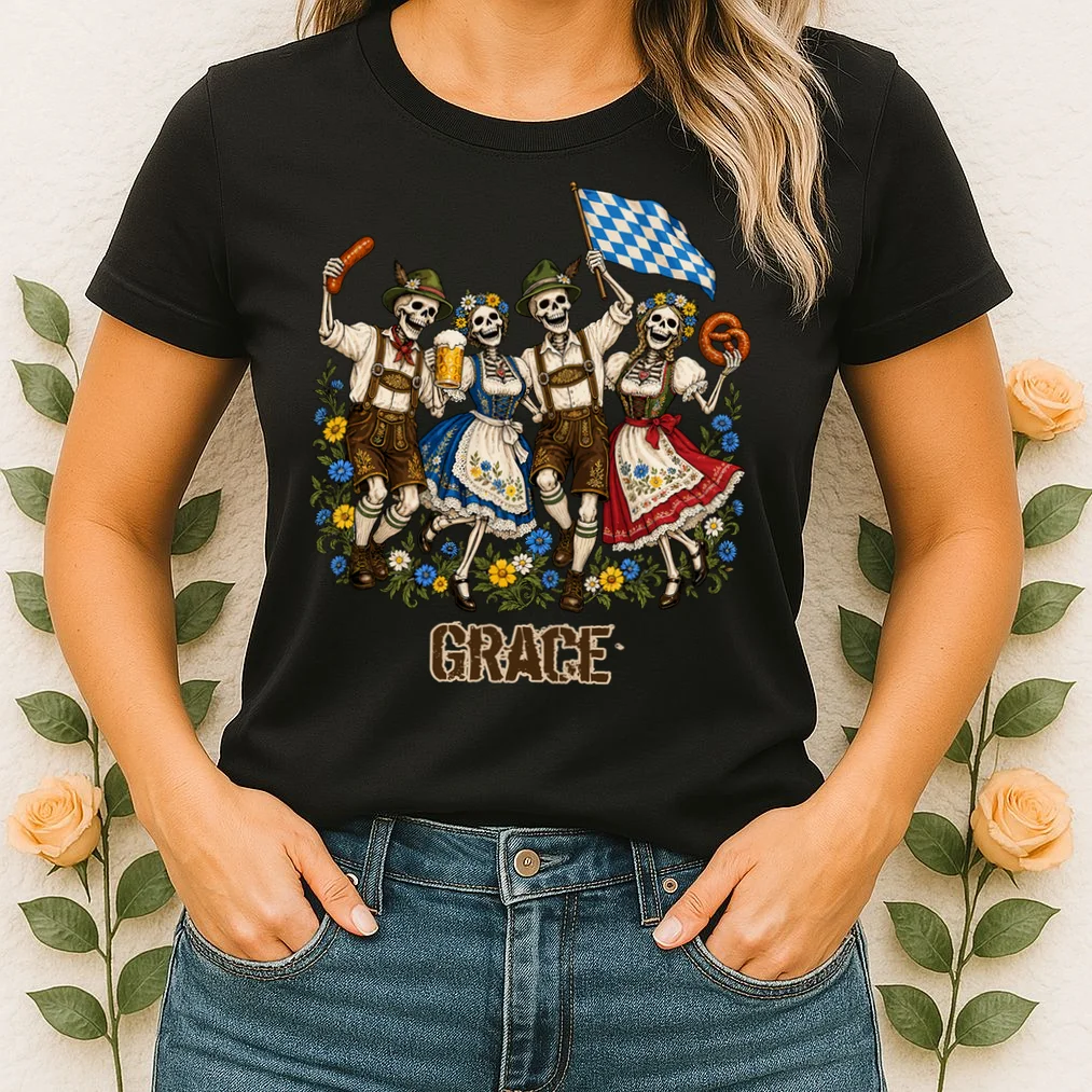 Spooky Skeletons Custom Name – Personalized Halloween German Beer Festival Shirt Design Women's T-Shirt - Front 1