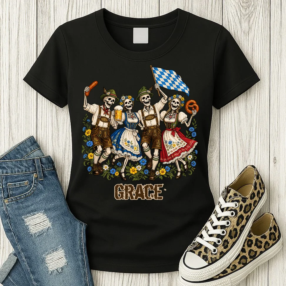 Spooky Skeletons Custom Name – Personalized Halloween German Beer Festival Shirt Design Women's T-Shirt - Front 2
