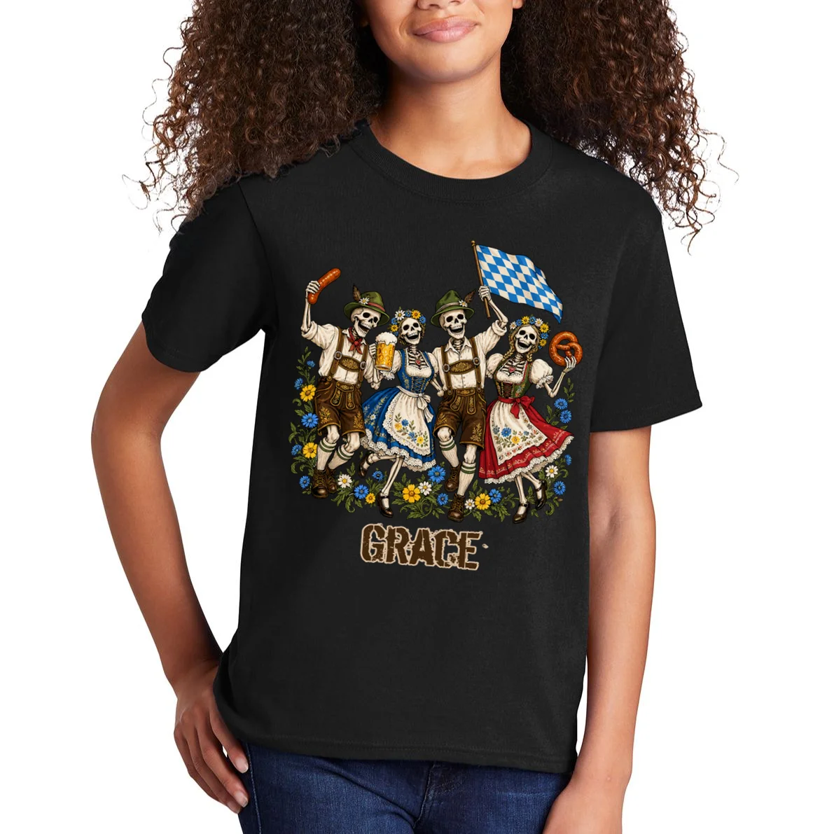Spooky Skeletons Custom Name – Personalized Halloween German Beer Festival Shirt Design Kids T-Shirt - Front 1