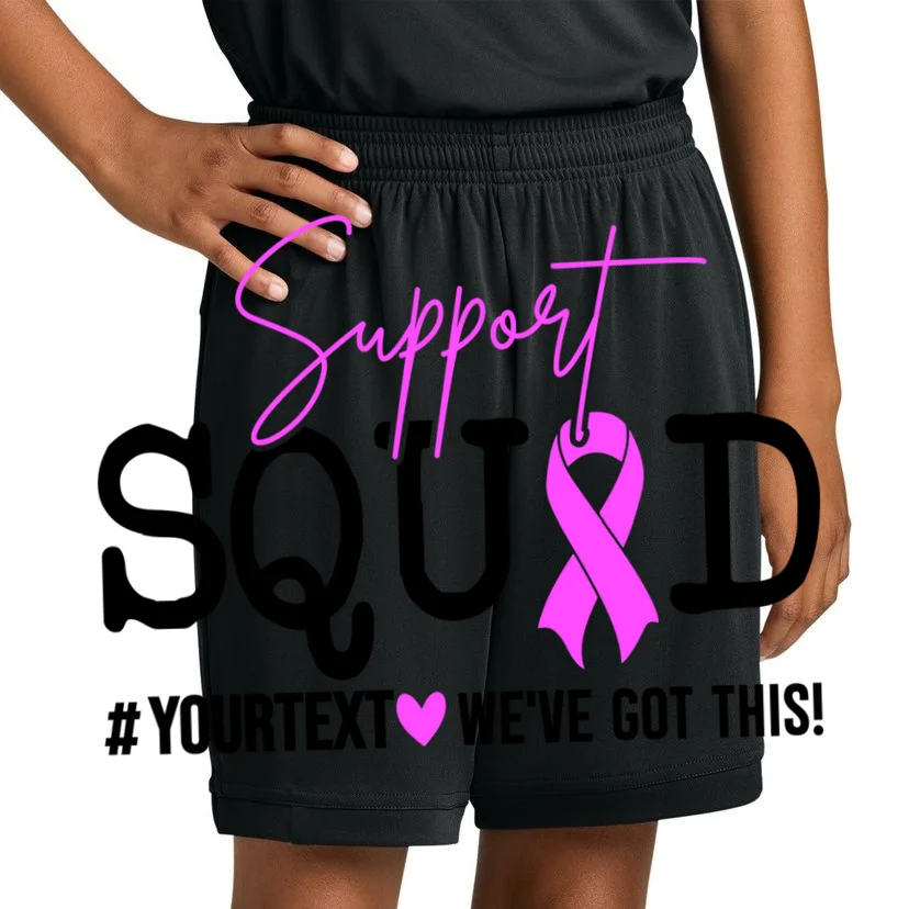 Support Squad Breast Cancer Awareness Pink Ribbon Personalized Custom Text Kids Shorts - Front 1