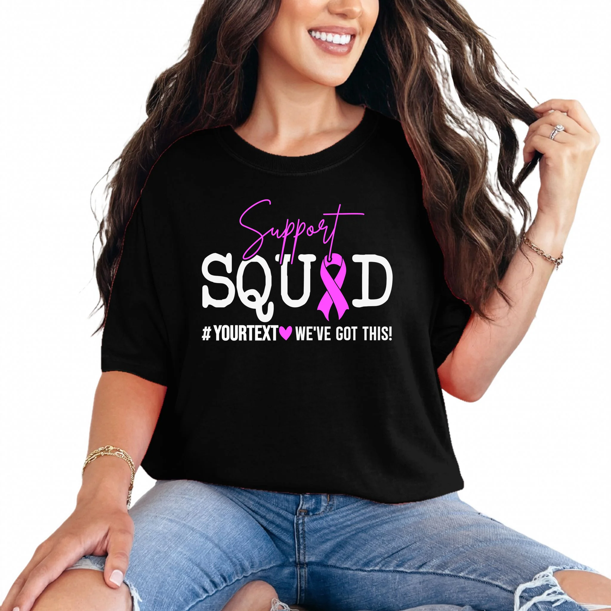 Support Squad Breast Cancer Awareness Pink Ribbon Personalized Custom Text Comfort Colors Unisex T-Shirt - Front
