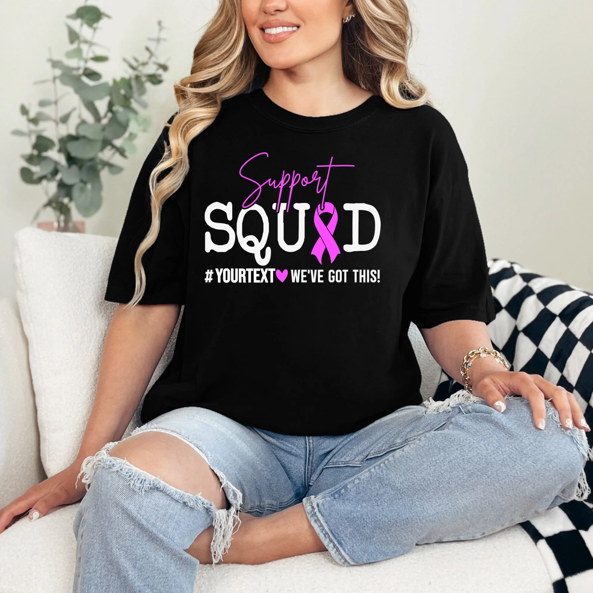 Support Squad Breast Cancer Awareness Pink Ribbon Personalized Custom Text T-Shirt - Front 1