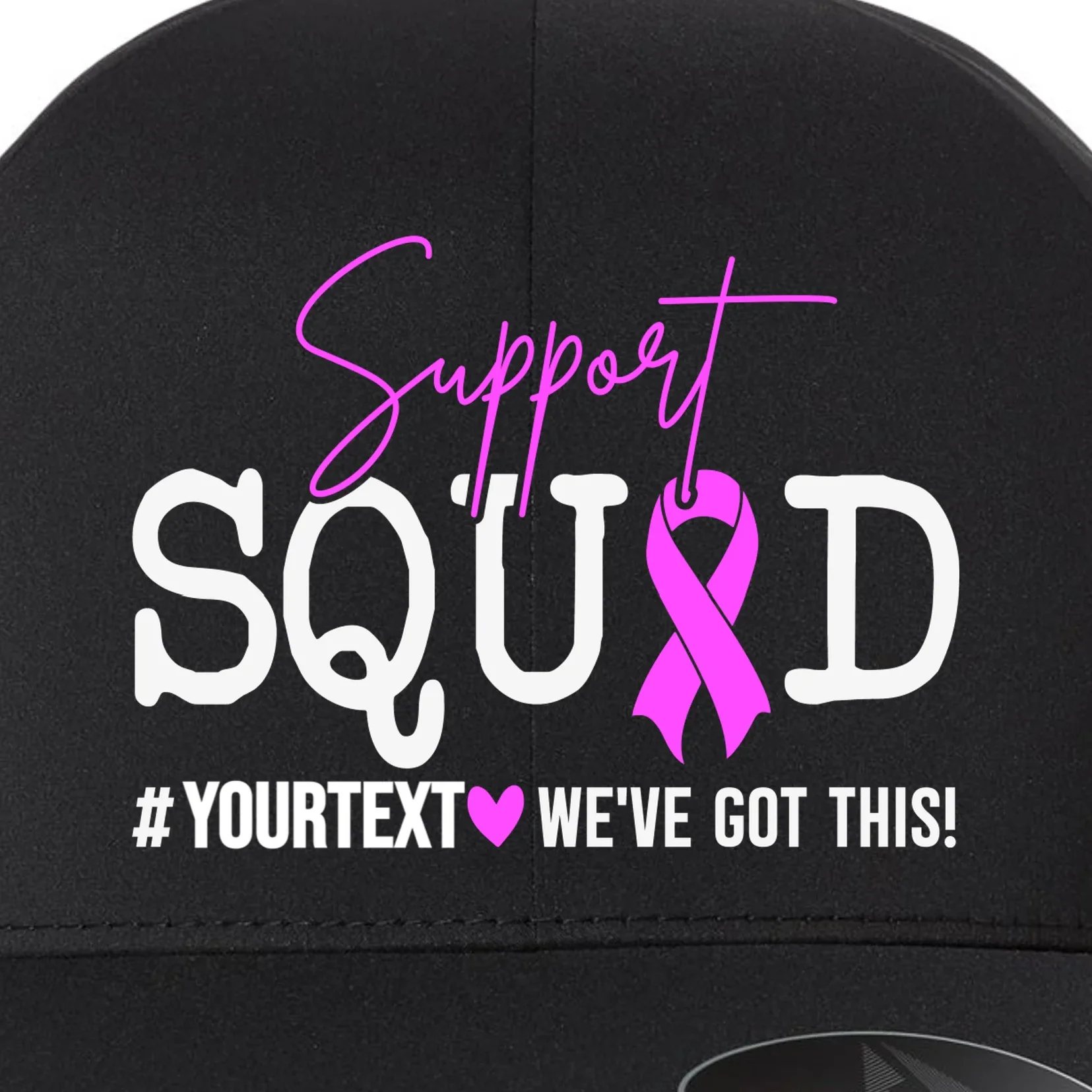 Support Squad Breast Cancer Awareness Pink Ribbon Personalized Custom Text Flexfit Men's Snapback Hat - Front - Close-up